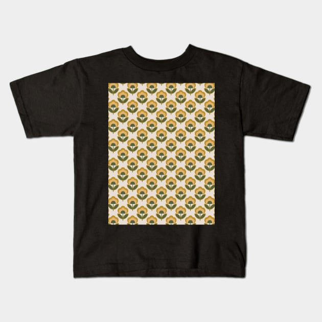 Yellow and Green Flowers Seamless Pattern 1970s Inspired Kids T-Shirt by GenAumonier